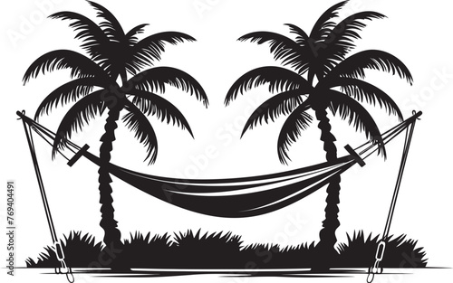 Palm Paradise Hammock Tied to Two Trees, Iconic Black Design Tropical Oasis Hammock Swaying Among Coconuts, Vector Logo