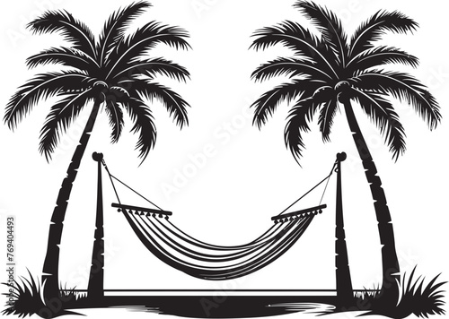 Seashore Swing Hammock Draped Across Coconut Trees, Black Icon Coastal Cocoon Hammock Between Twin Coconut Trees, Vector Emblem
