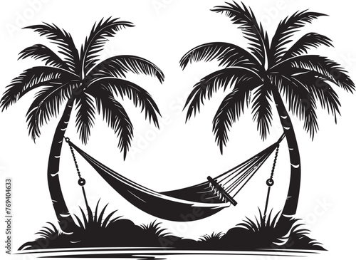 Island Serenity Hammock Swinging Amidst Two Palm Trees, Black Iconic Symbol Seaside Swing Hammock Tied Between Palm Trees, Vector Emblem