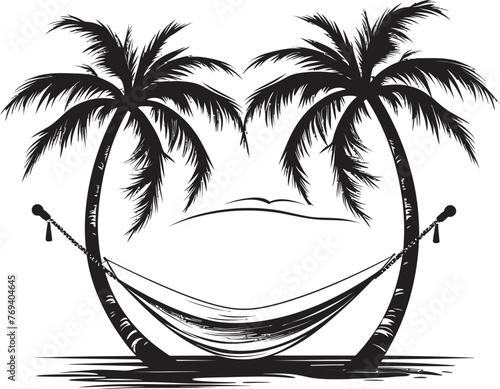Paradise Perch Hammock Hanging Between Coconut Trees, Vector Black Symbol Beachside Bliss Hammock Tied Between Two Palm Trees, Black Vector Icon