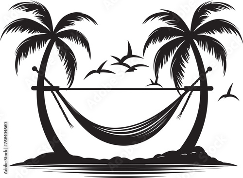 Coastal Cocoon Hammock Between Two Coconut Trees, Black Vector Logo Palm Breeze Hammock Tied to Twin Palm Trees, Vector Emblematic Design