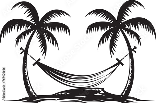Beachside Bliss Hammock Tied Between Two Palm Trees, Black Vector Icon Seashore Serenity Hammock Draped Across Coconut Trees, Iconic Black Emblem
