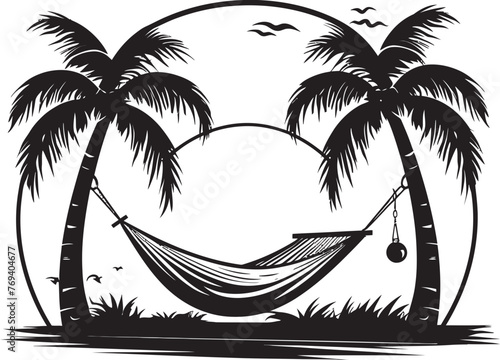 Palm Breeze Hammock Tied to Twin Palm Trees, Vector Emblematic Design Tropical Tranquility Hammock Swaying Amidst Coconuts, Black Iconic Emblem