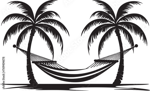 Tropical Tranquility Hammock Swaying Amidst Coconuts, Black Iconic Emblem Coco Comfort Hammock Between Coconut Trees, Vector Black Symbol