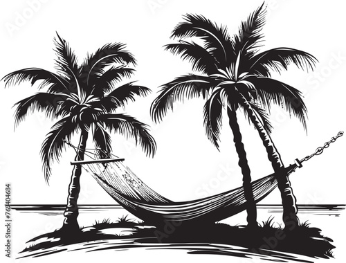 Seaside Sanctuary Hammock Tied Between Two Palm Trees, Vector Black Icon Palm Paradise Hammock Strung Across Coconut Trees, Black Iconic Emblem