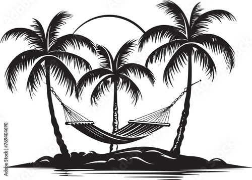 Paradise Swing Hammock Tied Between Coconut Trees, Vector Black Emblem Beach Retreat Hammock Swaying in Coconuts, Black Iconic Symbol