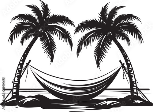 Seashore Serenity Hammock Draped Across Two Coconut Trees, Vector Black Logo Coastal Cocoon Hammock Between Palm Trees, Black Iconic Emblem