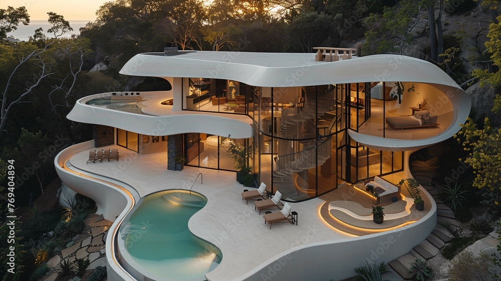 Fototapeta premium Modern Luxury Villa with Infinity Pool at Sunset