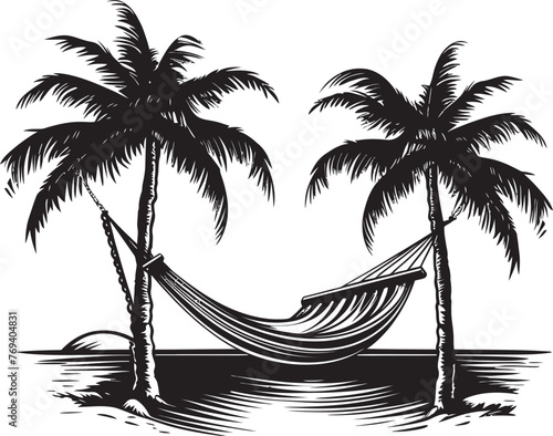 Tropical Trellis Tranquility Hammock Between Coconut Trees, Emblematic Logo Island Idyll Intermission Hammock Swinging Amidst Palms, Vector Emblem