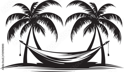 Seaside Serenity Hammock Strung Between Coconut Palms, Black Vector Icon Coco Retreat Hammock Swinging Amidst Two Palm Trees, Emblematic Logo