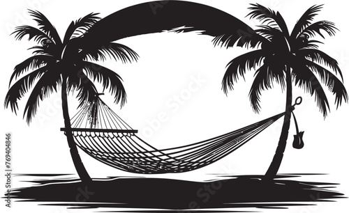Tropic Treasure Trove Hammock Hung Between Twin Coconut Trees, Iconic Vector Icon Coconut Cove Comfort Hammock Suspended Between Palm Trees, Iconic Black Logo