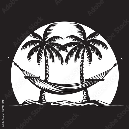 Seaside Serenade Swing Hammock Tied Between Coconut Trees, Black Logo Tropic Treasure Trove Hammock Hung Between Twin Coconut Trees, Iconic Vector Icon