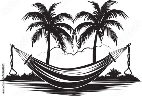Coco Retreat Haven Hammock Tied Between Palm Trees, Iconic Black Emblem Island Serenity Spot Hammock Draped Across Coconut Trees, Vector Icon