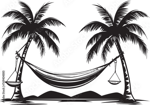 Seaside Swing Sanctuary Hammock Tied to Twin Coconut Trees with Black Emblem Palm Breeze Bliss Hammock Suspended Between Coconut Palms, Iconic Vector Symbol