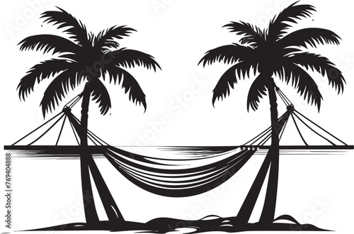 Beachside Bliss Retreat Hammock Tied to Two Palm Trees with Black Vector Icon Seashore Swing Haven Hammock Hung Between Coconut Palms, Emblematic Logo