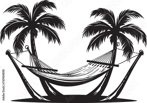Seaside Serenity Swing Hammock Swinging Amidst Coconut Trees, Black Icon Tropical Tranquility Terrace Hammock Suspended Between Palm Trees, Iconic Emblem