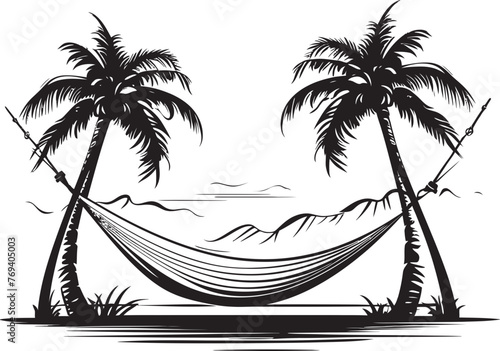 Tropical Tranquility Terrace Hammock Swaying Between Two Palm Trees, Black Emblem Coco Cove Comfort Hammock Tied Between Coconut Palms with Iconic Vector Symbol