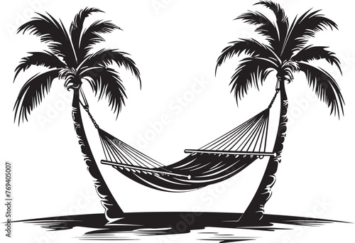 Paradise Pod Rest Hammock Tied Between Palm Trees, Black Emblematic Icon Seaside Serenity Swing Hammock Hung Between Coconut Trees, Iconic Vector Logo