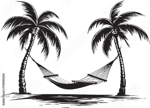 Island Paradise Perch Hammock Draped Across Coconut Trees, Vector Black Icon Seaside Swing Sanctuary Hammock Swinging Between Two Coconut Trees with Iconic Emblem