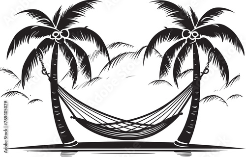 Palm Breeze Bliss Hammock Tied Between Palm Trees, Black Emblematic Symbol Island Paradise Perch Hammock Draped Across Coconut Trees, Vector Black Icon