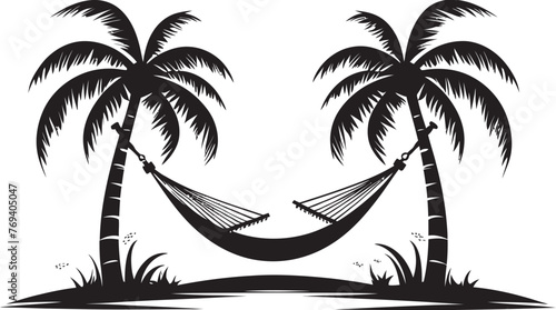 Island Serenity Spot Hammock Tied Between Two Palm Trees, Vector Emblematic Logo Seashore Swing Sanctuary Hammock Draped Across Coconut Trees with Black Vector Icon