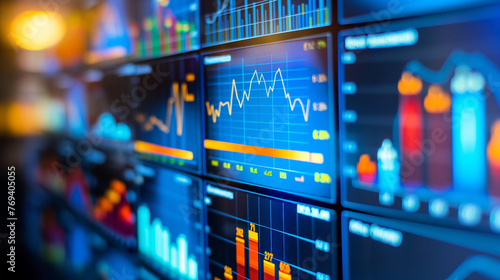 business data statistics or stock market analysis display on computer screens 