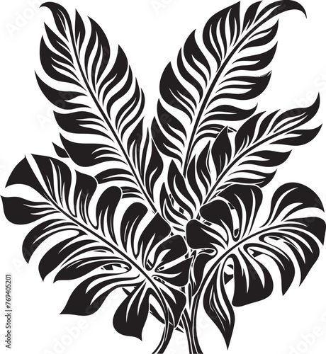 Jungle Canopy Chic Grand Tropical Leaves, Emblematic Vector Symbol Tropical Leaf Serenity Large Tropical Leaves, Black Iconic Emblem
