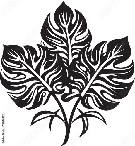 Tropical Leaf Oasis Oversized Foliage, Iconic Black Symbol Exotic Foliage Finery Large Leaves, Black Vector Emblem