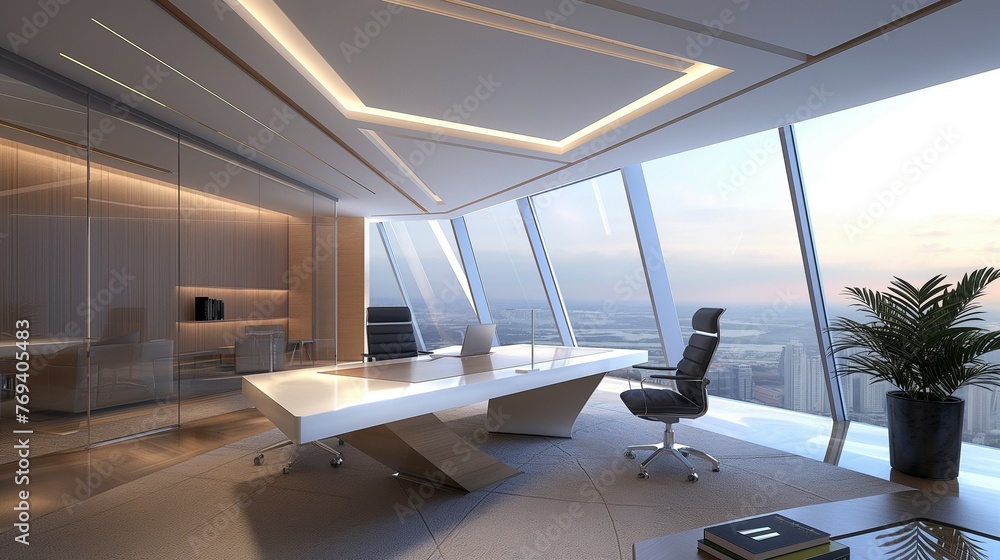 A 3D Rendering Of A Modern Office Interior.