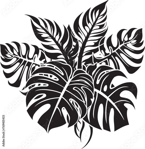 Tropical Zen Oversized Foliage, Emblematic Vector Exotic Bliss Large Tropical Leaves, Black Emblem Design