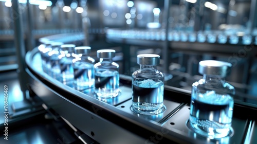 Pharmaceutical vials on a sterile production line at a pharma plant. photo