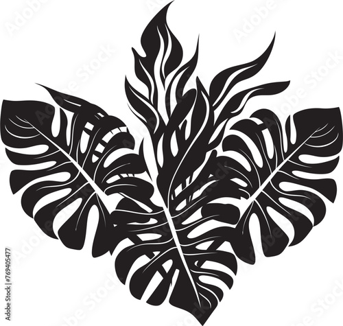 Tropical Tranquility Large Leaves, Black Iconic Emblem Exotic Oasis Grand Tropical Foliage, Vector Design