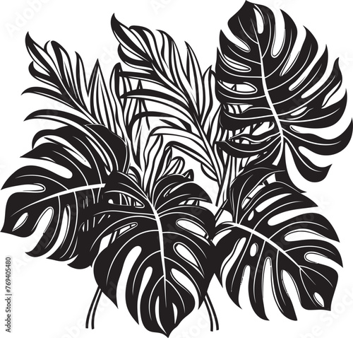 Palm Paradise Oversized Tropical Leaves, Emblematic Symbol Tropical Tranquility Large Leaves, Black Iconic Emblem