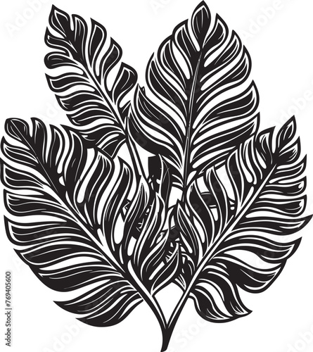 Exotic Leaf Luxe Oversized Tropical Leaves and Iconic Emblem Jungle Canopy Chic Large Tropical Leaves, Black Vector Icon