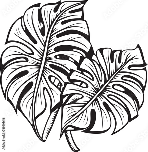 Tropical Panache Grand Foliage, Iconic Black Logo Regal Carriage Elegance Royal Wedding Emblem in Black Vector Design
