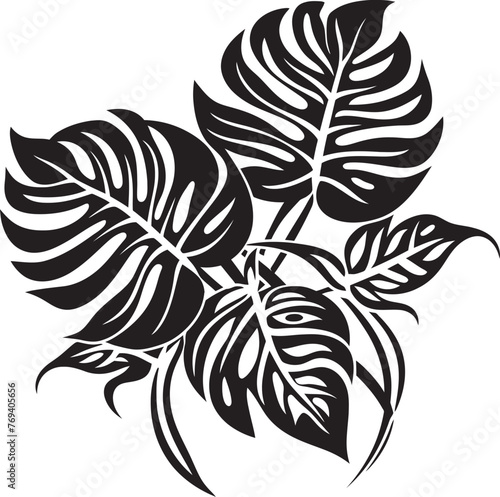Tropical Leaf Serenity Big Leaves, Vector Emblem Design Palm Paradise Panorama Large Tropical Foliage, Black Icon
