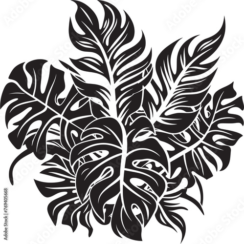 Palm Paradise Panorama Large Tropical Foliage, Black Icon Tropical Leaf Ensemble Oversized Leaves, Vector Logo Design