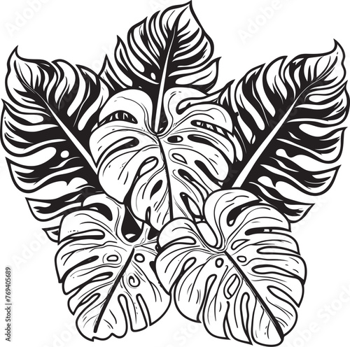 Exotic Leaf Elegance Oversized Tropical Foliage, Iconic Logo Jungle Canopy Chic Large Leaves, Black Emblem Design
