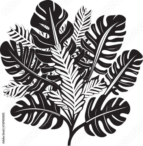 Tropical Leaf Ensemble Large Leaves, Black Vector Logo Exotic Leaf Extravaganza Oversized Foliage, Emblematic Icon