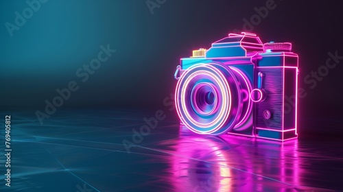 Vibrant pink and blue neon camera icon on black background with high-tech floor - 3d render