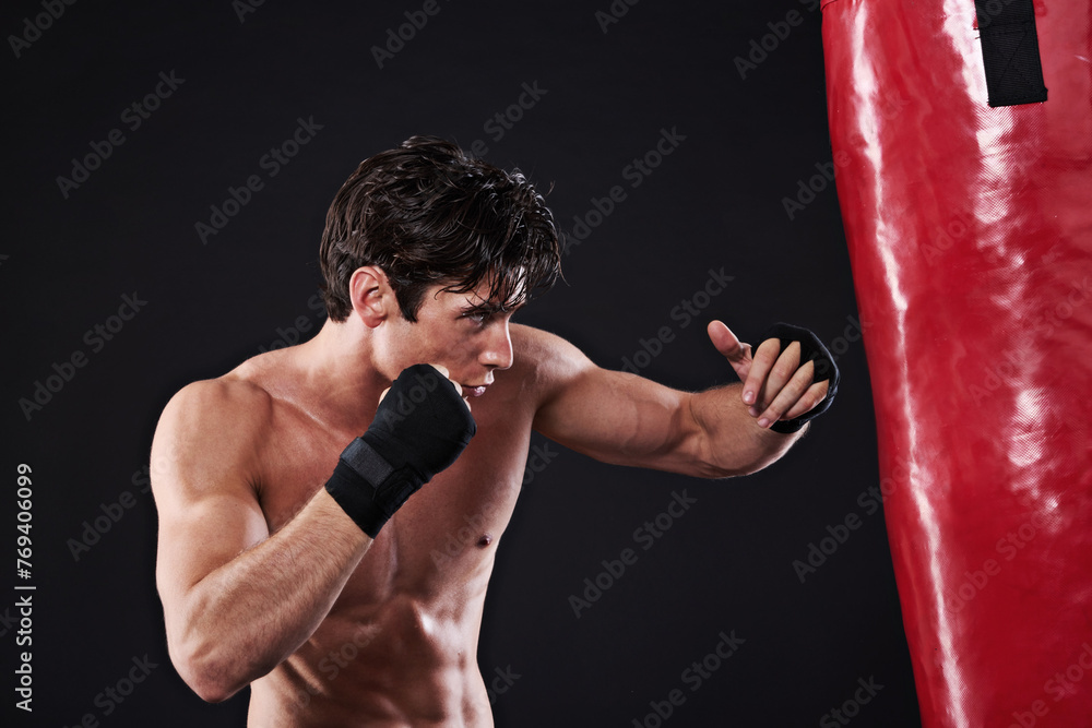 Man, punching bag and cardio with fitness, training and fighter with gloves and wellness with endurance. Boxer, balance and athlete with exercise and workout with sports, healthy guy and progress