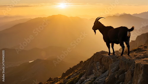 Goat Silhouette Atop Mountain Peak Amidst Nature’s Beauty