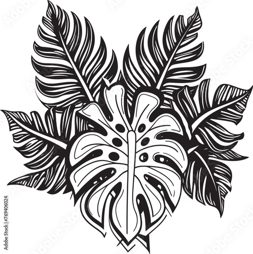 Jungle Canopy Majesty Large Tropical Leaves, Black Vector Icon Tropical Oasis Oasis Grand Leaves with Striking Logo Design