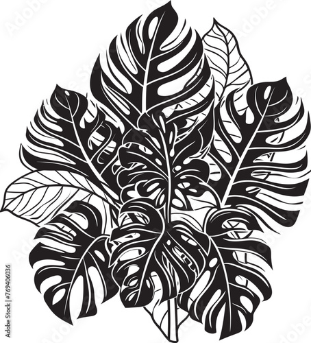 Palm Canopy Couture Large Tropical Leaves, Black Emblem Design Tropical Leaf Tranquility Oversized Foliage, Vector Icon