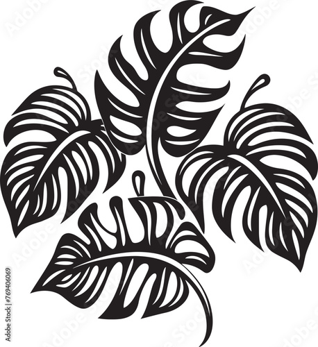 Tropical Leaf Retreat Large Leaves, Black Iconic Emblem Exotic Leaf Extravaganza Grand Tropical Foliage, Vector Icon