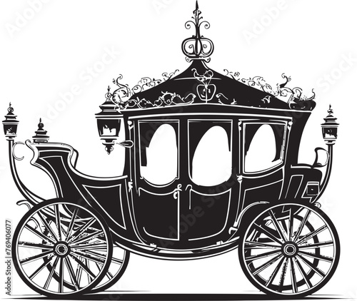 Regal Carriage Elegance Royal Wedding Emblem in Black Vector Design Majestic Marriage Ride Ornate Carriage with Iconic Logo photo