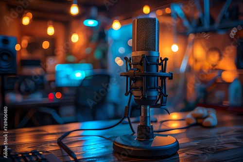 Microphone on the table in a recording studio. Radio recording studio. 