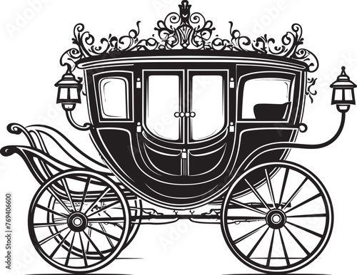 Opulent Wedding Journey Regal Carriage Emblem Icon Sovereign Matrimonial Ride Ornate Carriage Black Vector