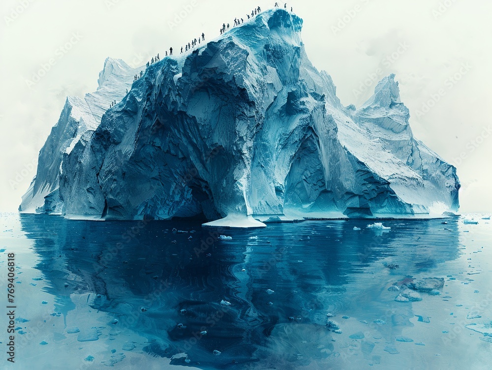 depicting a melting iceberg with digital overlays of people of all ages and ethnicities coming together to combat climate change Use a blend of cool tones to evoke a sense of urgency and hope