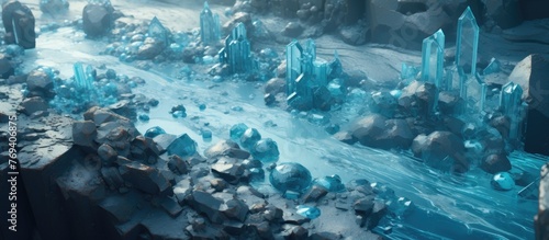 A computer generated image of a cave filled with electric blue crystals and rocks, surrounded by freezing water. A natural landscape event in winter